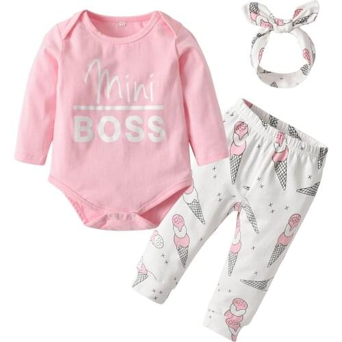 Baby Girls Toddler Clothes Set Letter Printed Newborn Rompers+Legging Pants+Headband Breathable 100% Pure Cotton Infant Suits