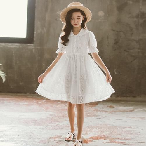 2021 summer Girls mesh Dress Teenager Princess Elegant Kids White Hollow Party Dresses Children Clothing 4 6 8 10 12 13 14 year