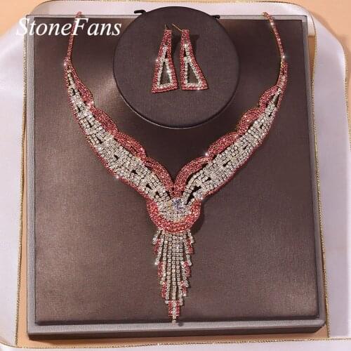 StoneFans Wedding Exclusive Dubai Gold Color Jewellery Luxury CZ Rhinestone Necklace Earring Party Jewelry Set For Women Bijoux
