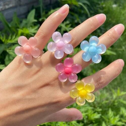 Lost Lady Stylish Cute Transparent Resin Flower Rings for Women Summer Girls New Colorful Finger Rings Wholesale Jewelry Bijoux