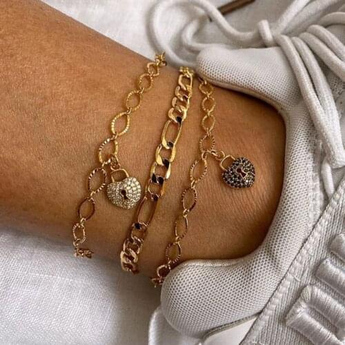 Creative Crystal Heart-Shaped Love Lock Golden Anklet Set Womens Summer Boho Beach Party Charm Anklets Bracelet Girl Jewelry
