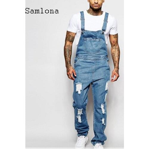 Samlona Mens Jeans Casual Denim Overalls Pantalons Fashion 2021 New Summer Hop Ripped Jumpsuits