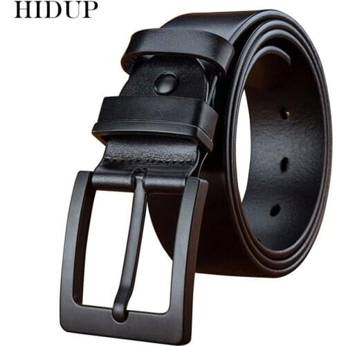 HIDUP Mens Top Quality New Design Solid Cowskin Men Cow Genuine Leather Belts Cowhide Black Pin Buckle Metal Belts Jean NWJ721