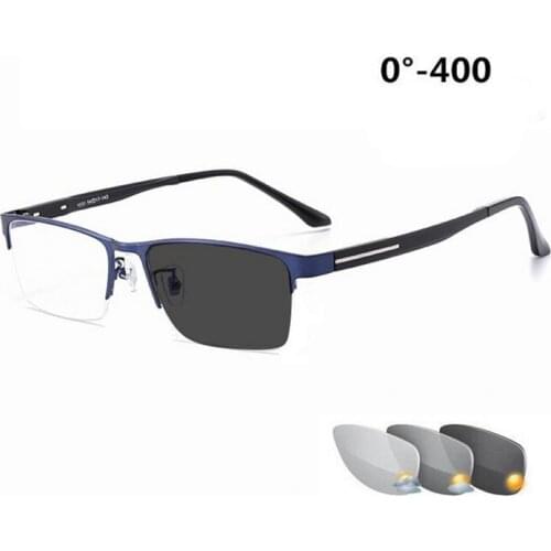 Outdoor Shade Anti-UV Semi-Rimless Photochromic Gray Square Prescription Eyeglasses Metal Short-sight Eyewear 0 -0.5 -0.75 To -6