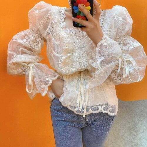 New Ladies Spring Square Collar Crochet Lace Blouse Women Flare Long Sleeve Lace-up Tunic Mesh Shirts Tops Blusas Mujer Clothing