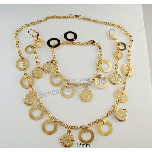 NEW YELLOW GOLD OVERLAY FILLED BRASS MUSLIM ISLAMIC MONEY SIGN CHARM NECKLACE & EARRING & BRACELET SET/ GREAT GIFT