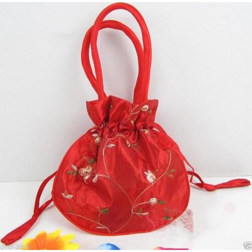 Wholesale Beautiful Red Embroidered Flower Silk Satin Purse Jewelry Gift Handbag Bag 5PCS