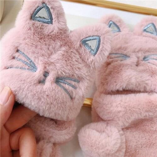 Winter Women Outdoor Cartoon Cats Gloves Flip Half Finger Thicken Warm Mittens Warm Soft Plush Short Warm Fingerless Gloves