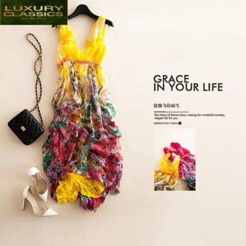 Dress Real Women Silk Summer Boho Vintage Sexy Maxi Vestidos Elegant Ladies Print Beach Party Dresses Ropa Mujer LW2753