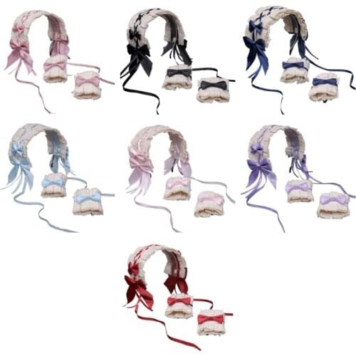Gothic Lolita Headband Wrist Cuffs Set Sweet Ruffled Lace Ribbon Bow Hairband Hand Sleeves Anime Maid Cosplay Costume