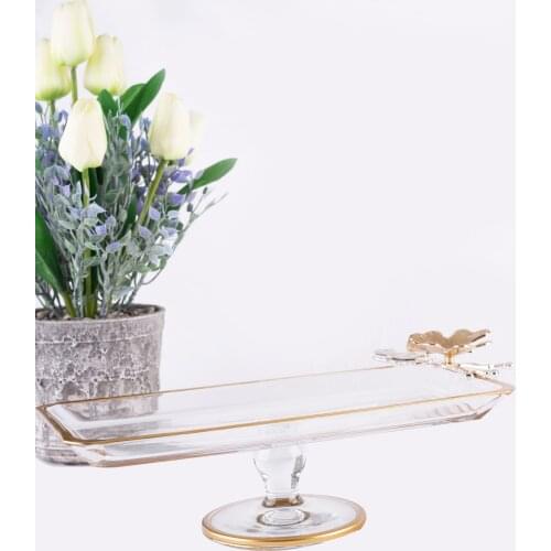 Rectangular Shape Snack Nuts Candy Chocolate Service Plate Gold Colour Glass Material Butterfly Design Kitchen Accessories