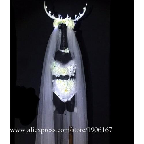 Christmas Led Luminous Antlers Headdress White Led Light Up Sexy Lady Bikini Dance Suit Party Dress Masquerade DS DJ Costume