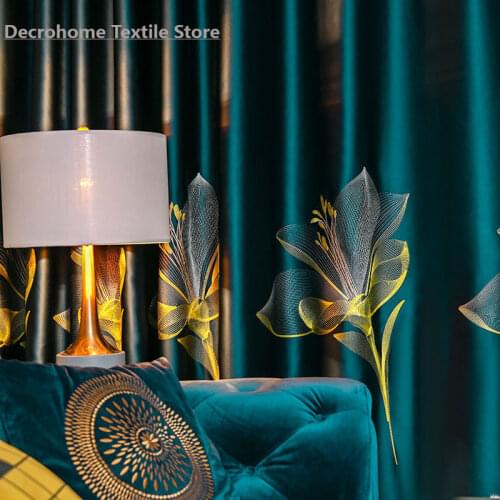 2021 Silk Satin Lily Embroidery Nordic Minimalist Full Blackout Living Room Bedroom Curtain Blackout Curtains Luxury Home Decor