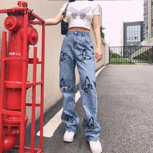 SLPBELY Summer Vintage Jeans High Waist Butterfly Print Long Trousers Cowboy Pants Loose Streetwear Blue Black Wide Leg Jean NEW