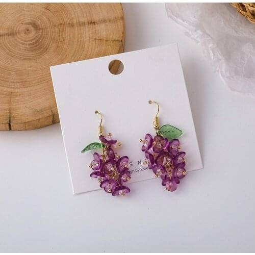 VSnow Korean Sweet Purple Color Grape Dangle Earring for Women Girls Summer Green Leaf Fruit Resin Earrings Jewelry Pendientes