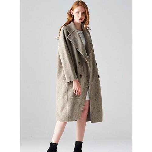 High Quality 2019 New Fashion Woolen Coat Woman Double Sided Cashmere Jacket Loose Herringbone Pattern Long Double Sided Coats