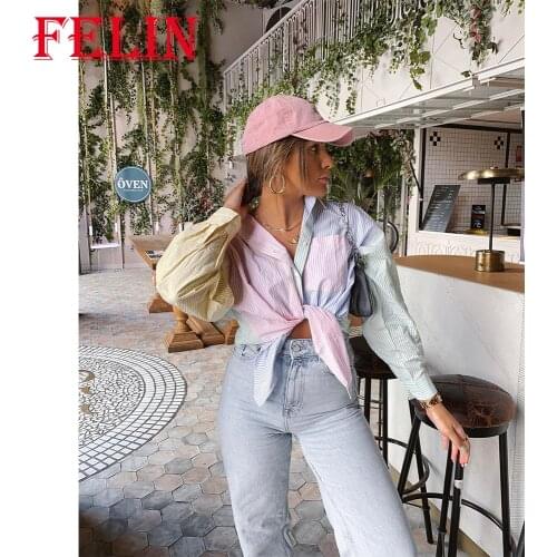 FELIN Za Summer Oversized Hit Color Shirts Women Fashion 2021 Striped Print Cropped Tops Mujer Long Sleeve Streetwear Shirts