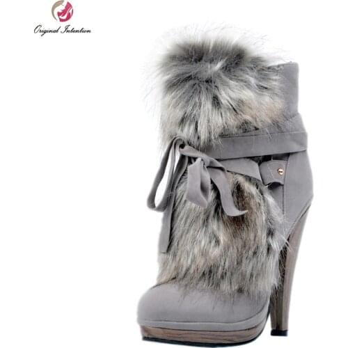 Original Intention New Design Women Ankle Boots Platform Round Toe Spike Heels High-quality Grey Shoes Woman Plus US Size 4-15