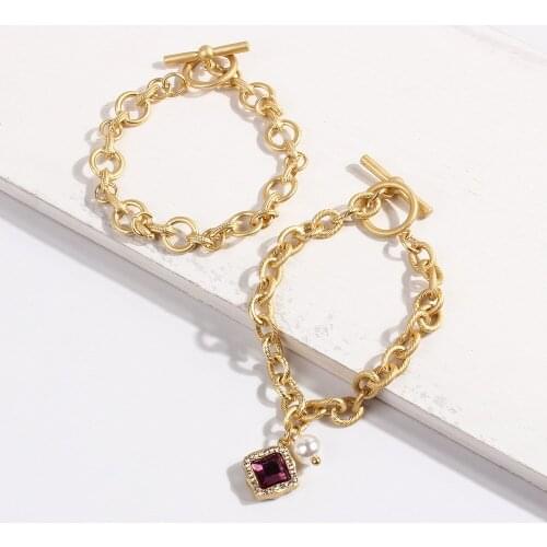 LEADERBEADS Womens ZA Brand Gold Chains Geometric Crystal Imitation Pearl Two piece Set Bracelet&Bangle for Party Jewelry Gift