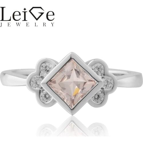 Leige Jewelry Real Morganite Ring Princess Cut Pink Gemstone Engagement Rings For Woman Sterling Sliver 925