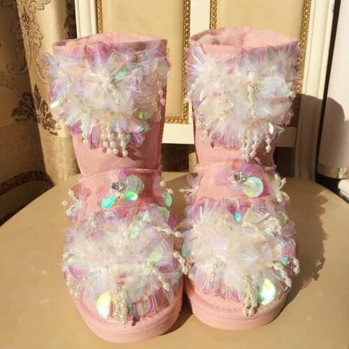 Winter exclusive custom cute pink three-dimensional flower sequins pearl snow boots wild warm thick non-slip leather snow boots