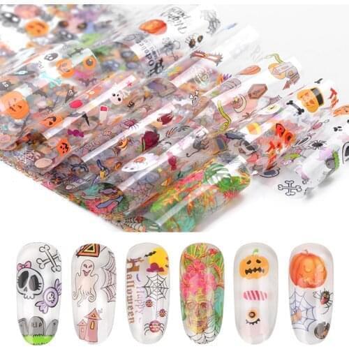 10 pieces / set Halloween drawings nails sheets transfer stickers skull pumpkin witch envelopes complete glue adhesive DIY manic