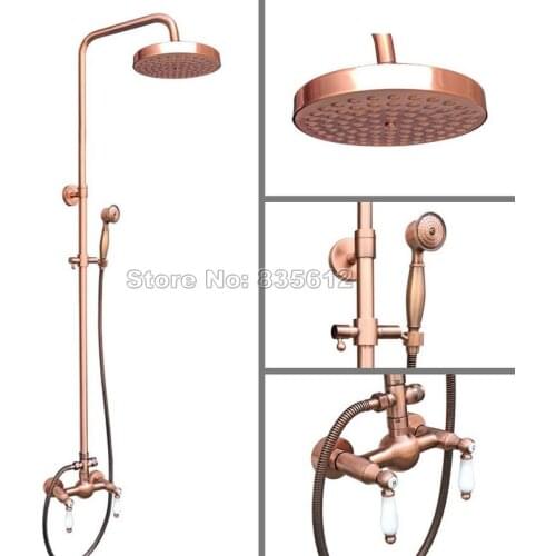 Antique Red Brass Bathroom Rain Shower Faucet Set with Handheld Shower & Dual Ceramic Handles Mixer Taps Wall Mounted Wrg582