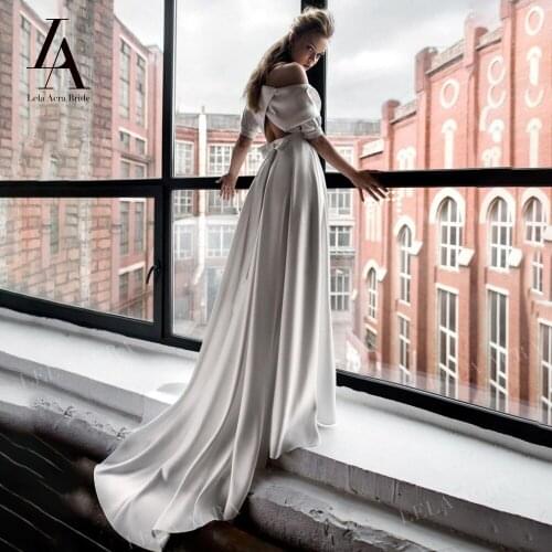 Boho Bow Satin Wedding Dress 2021 Elegant Puff Sleeve A-Line Princess Bridal Gown With Pockets LelaAcra NR111 Vestido De Noiva