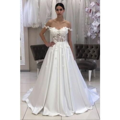 Satin Flowers Wedding Dresses for Bride 2021 A Line Off Shoulder Sleeveless Bridal Gowns vestido de noiva