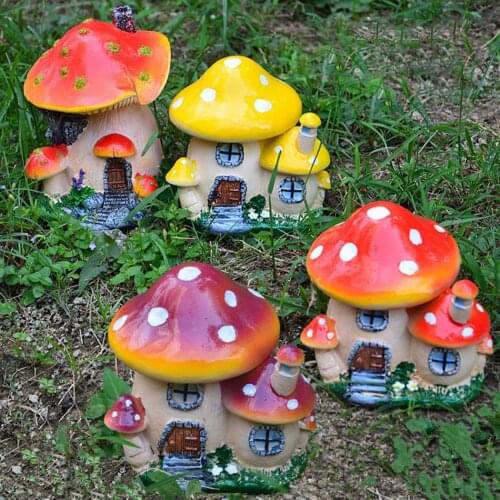 Pastoral Style Yellow Red Mushroom House Mini Landscape House Fairy Garden Decor Resin Crafts Ornament Miniature Fairy Garden
