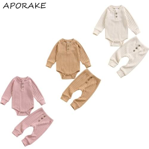 2021 0-18M Newborn Baby Boy Girls Clothing Button Solid Color Long Sleeve Thickened Romper+High Waist Pants Toddler Fall 2pcs