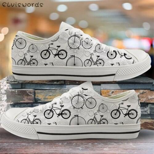 ELVISWORDS New Fashion Bicycle Pattern Vulcanized Shoes Womens Spring/Autumn Casual Lace Up Sneakers Low Top Style Canvas Shoes