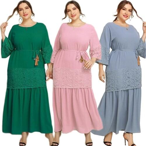 Lace Abaya Kaftan Dubai Muslim Women Hijab Flared Sleeve Casual Dress Caftan Maxi Party Gown Long Robe Clothing Solid Plus Size