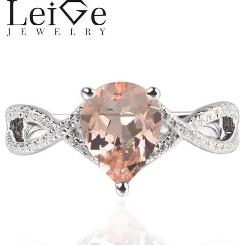 Leige Jewelry Natural Pink Color Morganite Gemstone Pear Cut Prong Setting Engagement Carve Rings For Woman 925 Silver Gifts