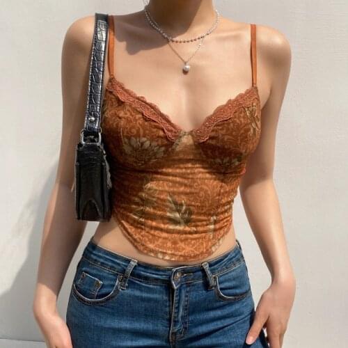 2021 Summer European And American New Sexy Womens Retro Mesh Lace-up Lace Print Bottoming Sling Crop Top
