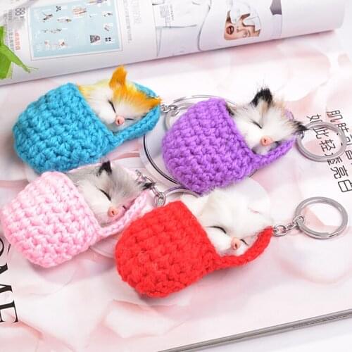 Cute Sleeping Cat Pompom Keychains For Women Girls Handmade Woven Shoes Faux Rabbit Fur Kitten Key Chains Fluffy Car Key Rings