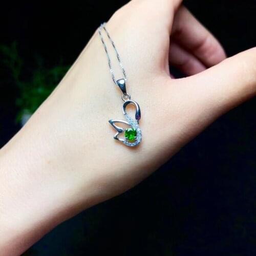 Fashion Lovely small Swan Natural green diopside necklace pendant S925 silver natural gemstone pendant girlfriend gift jewelry