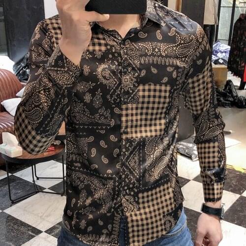 Paisley Designer Shirt Smoking Masculino Dress Shirts 2021 Spring New Fashion Black Gold Baroque Flower Mens Long Sleeve Shirt