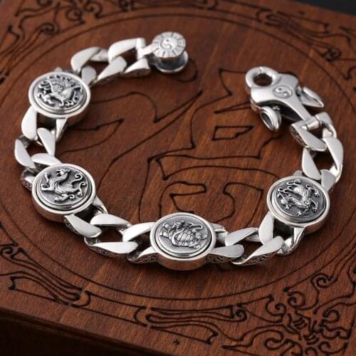 S925 sterling silver mens bracelets retro four sacred beasts can be turning eight diagrams Thai silver hand chain 2020 New