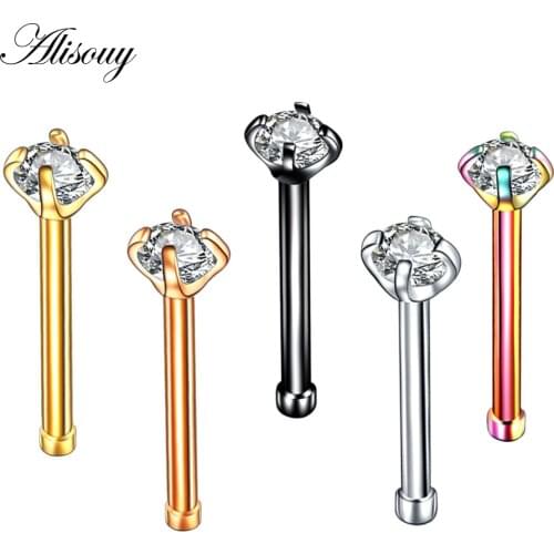Alisouy 1PC Stainless Steel Crystal Nose Ring Set Women Girl Surgical Steel Nose Piercing Crystal Nose Stud Lot Body Jewelry