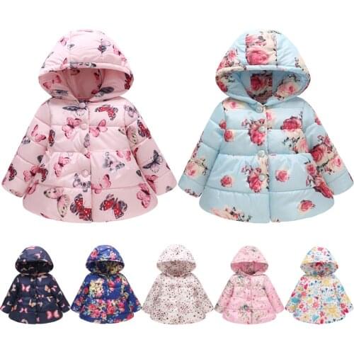 VOGUEON 2021 New Fashion Hooded Coat for Girls Flower Butterfly Print Baby Girl Fleece Jacket Winter Thicken Warm Coats Children