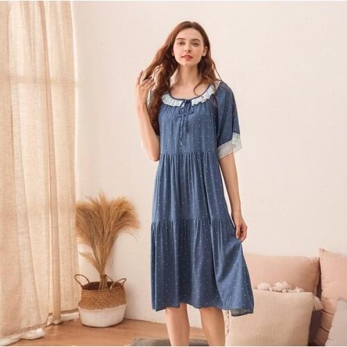 2021 New Women Cotton Long Sleepwear Loose-fit Princess Floral Printed Nightdress Plus Size Home Cake Skirt Dress For Sleeping