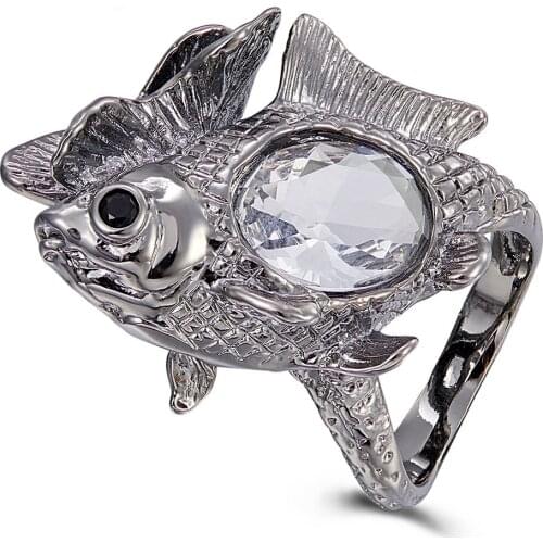 New Arrive Happy Fish Ring Women Big Shiny Zircon Wedding Engagement Rings Strong Character Gun Color