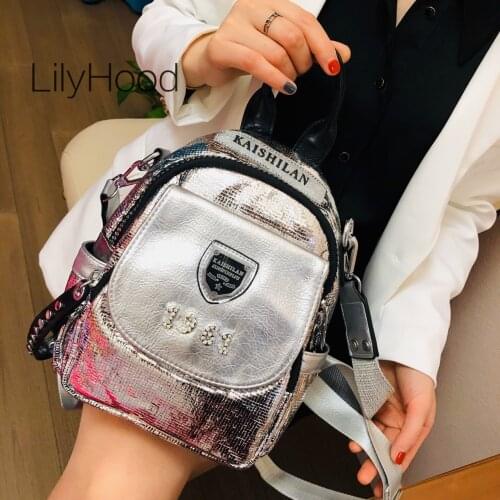 Women Fashion Vegan Leather Diamonds Small Size Backpack Female Casual Artificial Leather Silver Cute Stylish Travel Knapsack