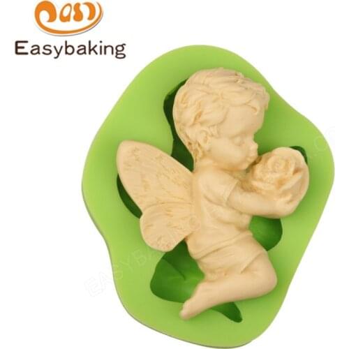 Cute Angel Baby Boy Holding Flower Fondant Silicone Mold Food Grade Homemade Mould for Candy Jello Cake Decorating