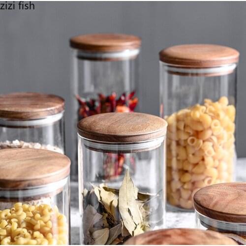 Modern Storage Glass Bottle Coffee Bean Seasoning Transparent Sealed Jar with Wooden Lid Tea Cans Kitchen Storage Tools Utensils