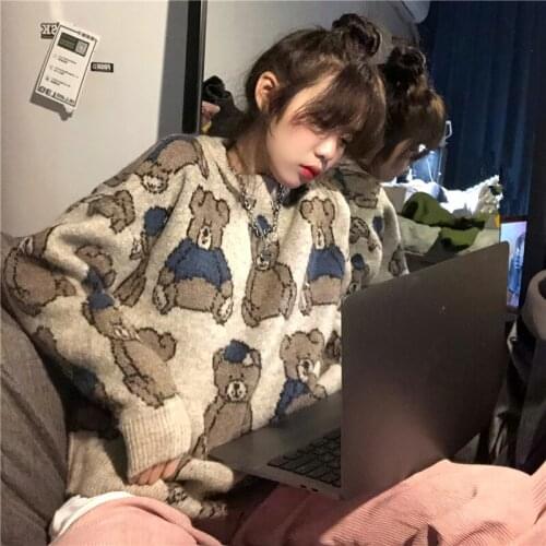 Kawaii Bear Print Sweatshirts Women Casual Y2K Pullovers Autumn Winter Fashion Onesize Sweater Korean Fashion Streetwear