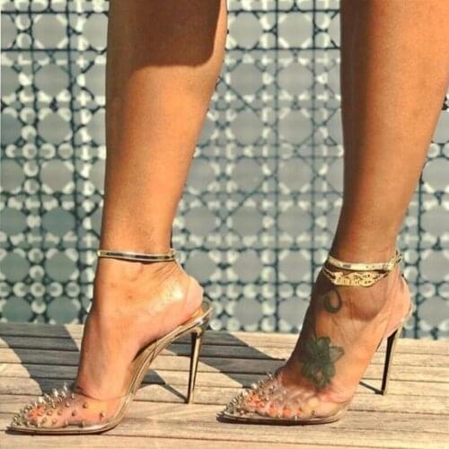 Sexy PVC Transparent Shoes Gold Rivets Studded Pumps Pointed Toe Buckle Strap Party Dress Shoes Stiletto Thin Heels