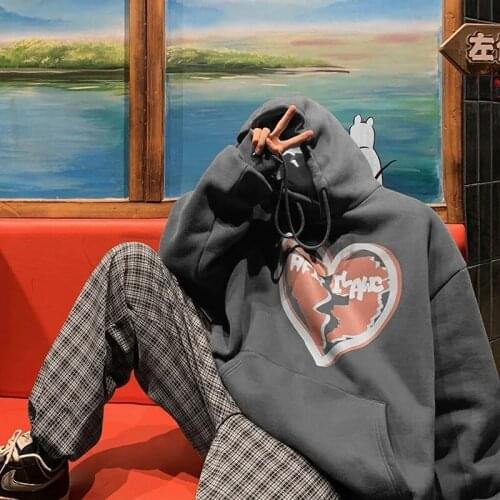 Japanese street warm loose all-match jacket hooded round neck sweater plus velvet thickening sports top Harajuku love printing