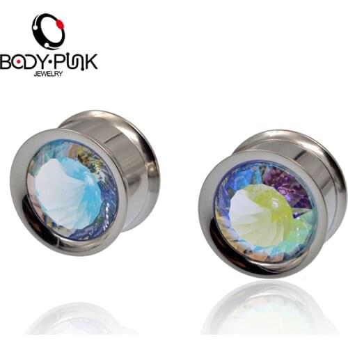 BODY PUNK Stainless Steel Screw Ear Plugs Flesh Tunnel Stretcher Earring Expander AB CZ Ear Plugs Gauges 6-16mm Punk Jewelry